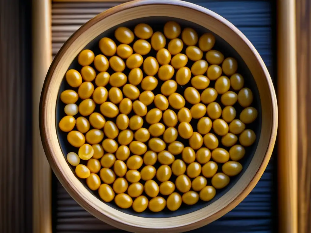 Detalles de natto fermentando en recipiente de madera, texturas e hilos visibles