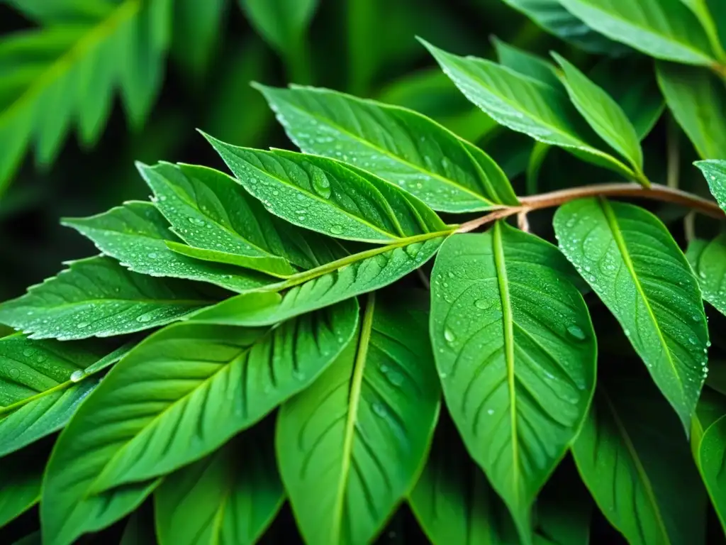 Detalles de la naturaleza: hojas verdes de epazote con rocío