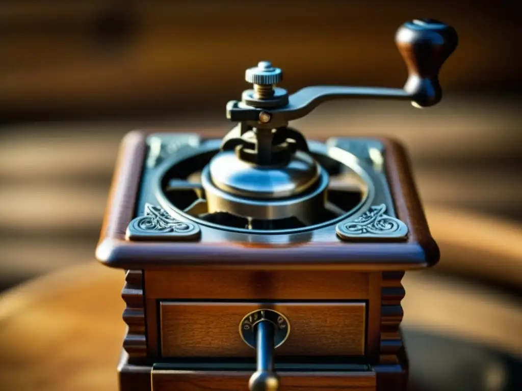 Detalles nostálgicos del molinillo de café manual vintage, evocando la historia y evolución tecnológica de los molinillos de café