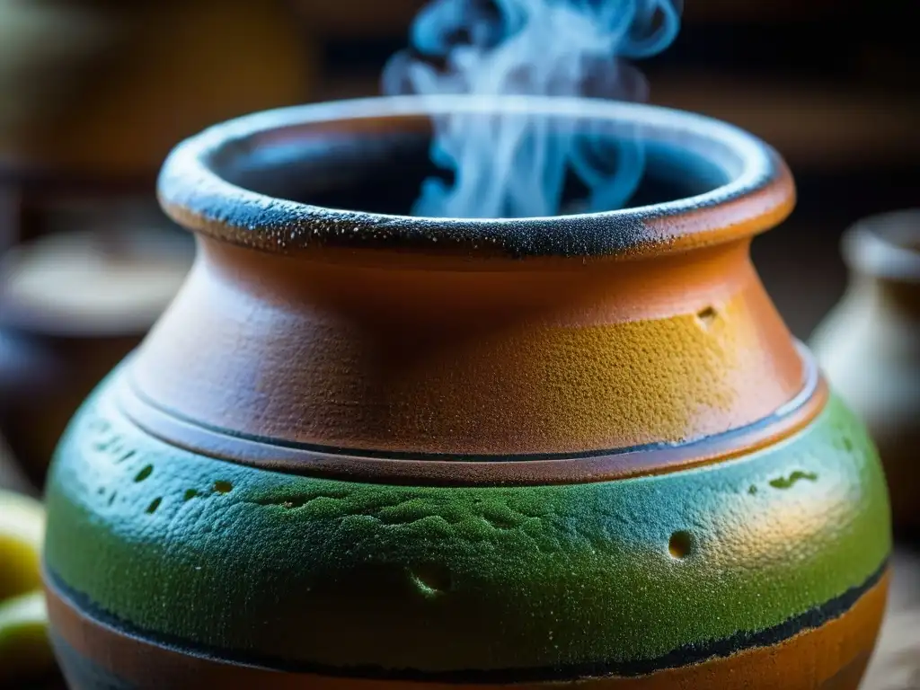 Detalles de una olla de barro con chicha fermentando, reflejando la producción de bebidas alcohólicas históricas postColombinas