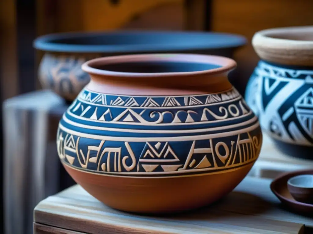 Detalles de una olla de barro precolombina con diseños e símbolos indígenas, resaltando la artesanía de las mujeres cocina precolombina tradición