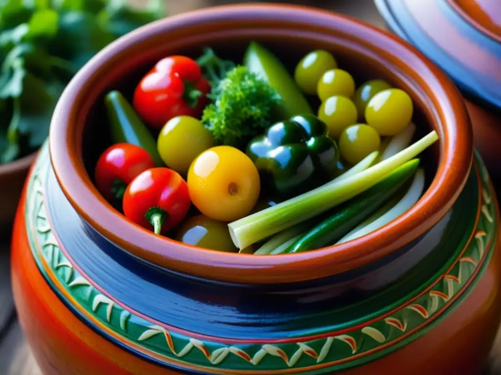 Detalles de una olla de barro con vegetales encurtidos, resaltando texturas y colores vibrantes