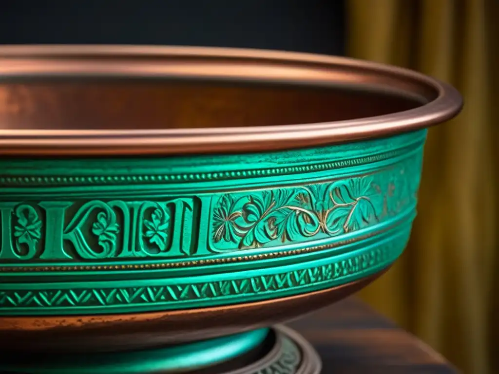 Detalles de una olla de cobre antigua desgastada, con grabados intrincados y pátina que cuenta décadas de uso en una cocina tradicional