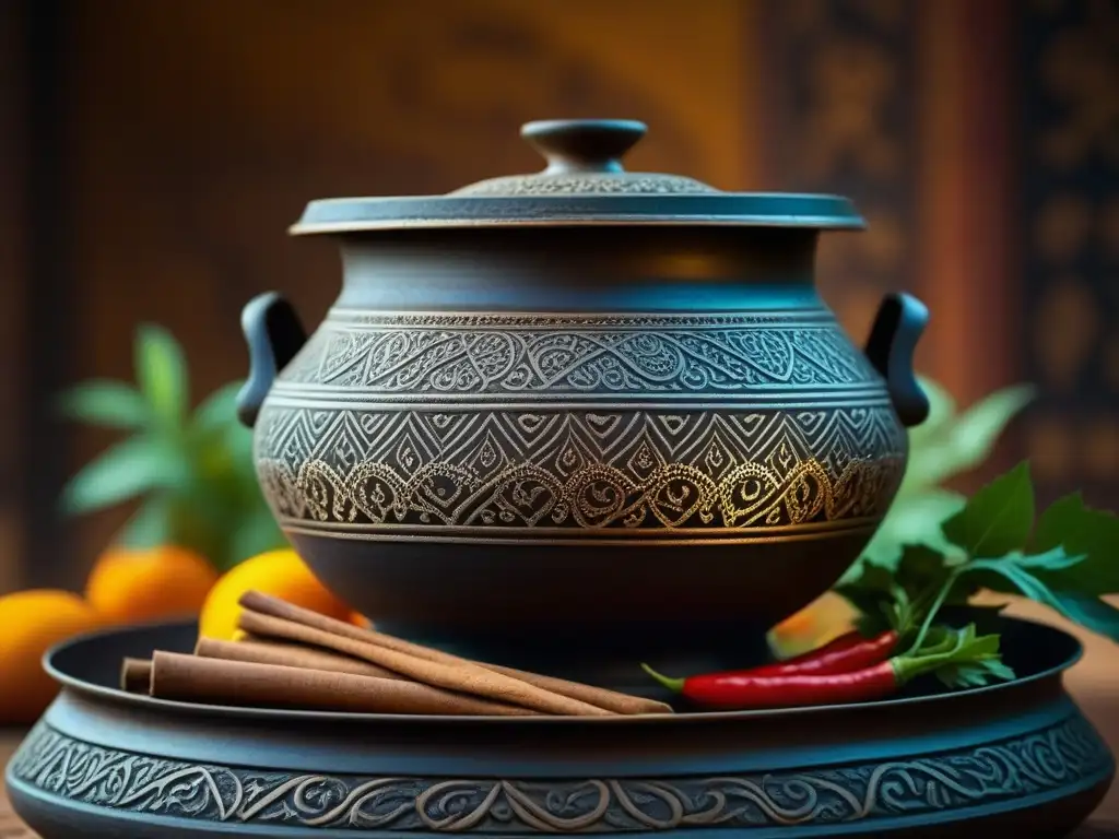 Olla de Hierro de la Ruta de la Seda: Detalles Intrincados Detalles de una olla de hierro de la Ruta de la Seda, con patrones intrincados y especias vibrantes