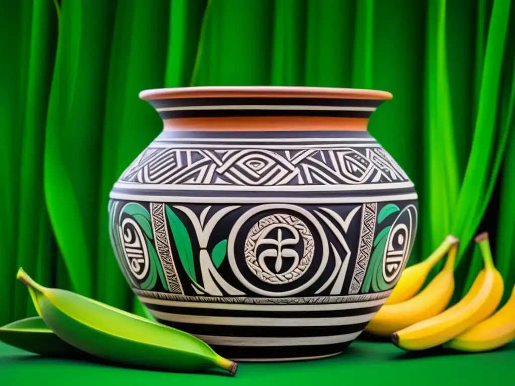 Artesanía Maya: Detalles de una Olla Cerámica Tradicional Detalles de una olla maya con patrones geométricos sobre hojas verdes, mostrando la influencia prehispánica en la cocina mexicana contemporánea