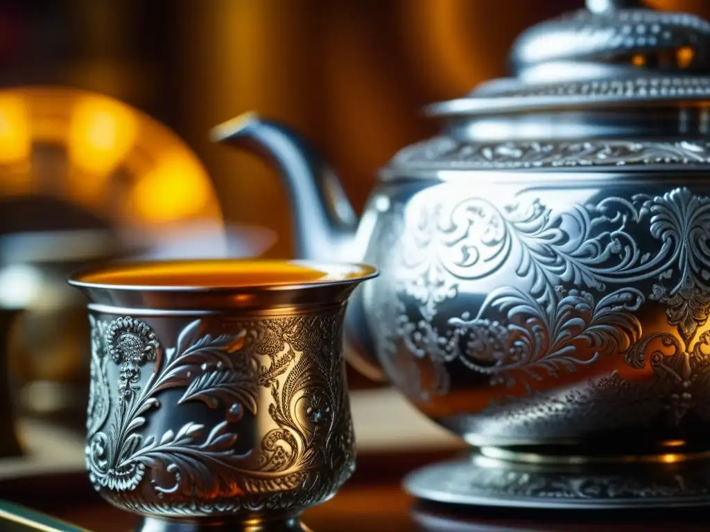 Detalles ornamentales de un samovar ruso tradicional con vapor de té caliente