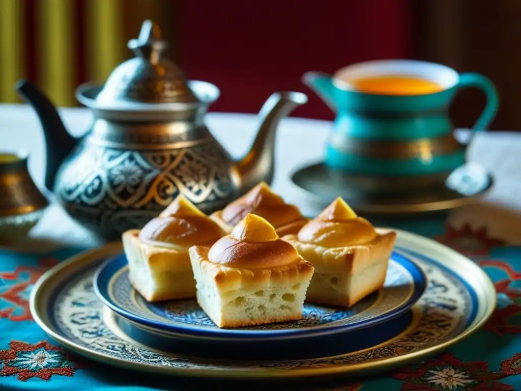 Detalles ornamentales de un set de té tradicional turco, con vapor y baklava