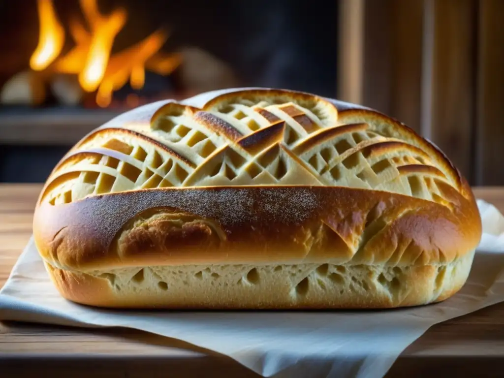 Detalles del pan recién horneado de las Cruzadas, con patrones tallados y miga de harina en una mesa rústica iluminada por una hoguera