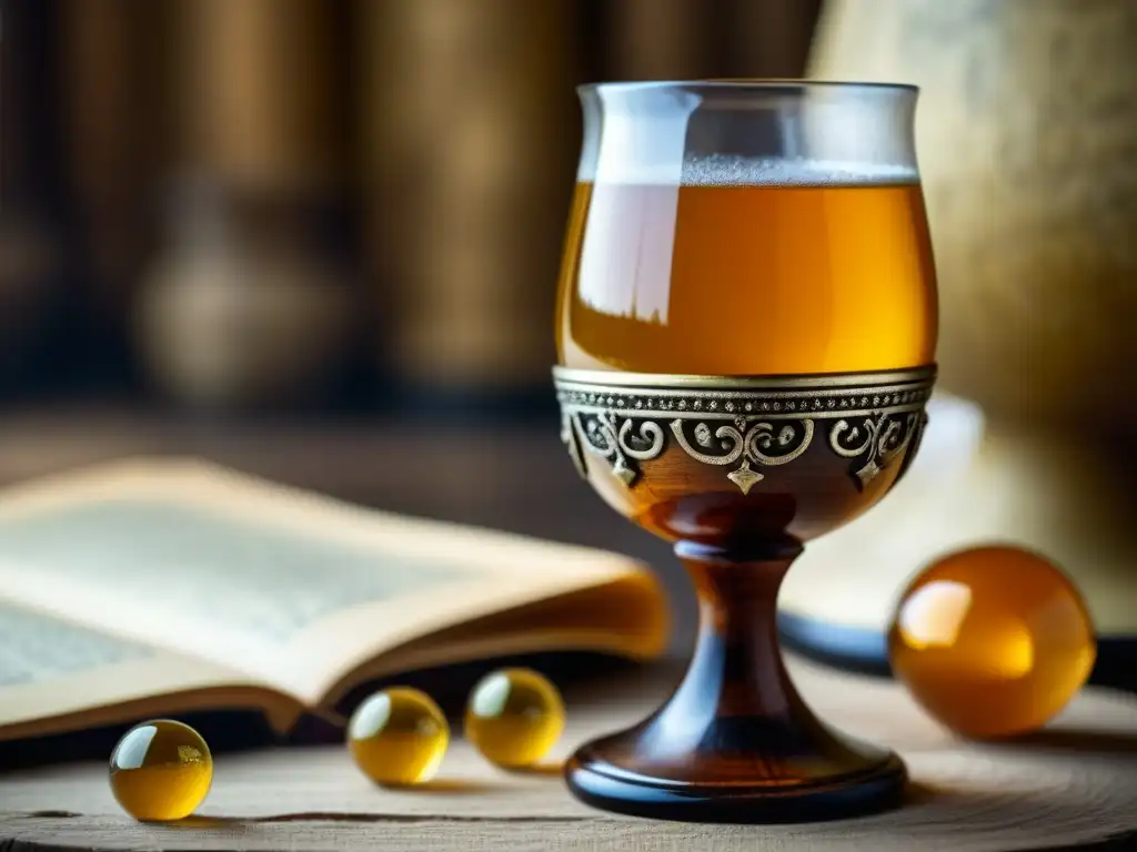 Mead dorado en copa de madera: un viaje visual a la Edad Media Detalles del pasado: copa de madera con hidromiel dorado y burbujas, junto a pergaminos y cuernos de la época medieval