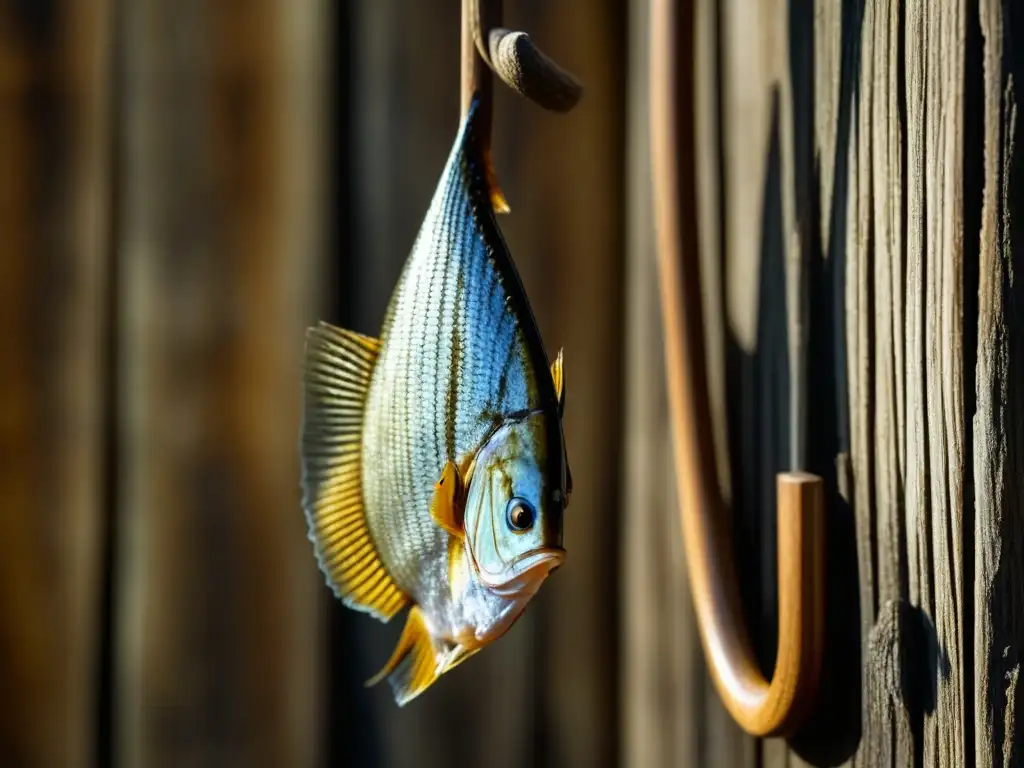 Detalles del pescado seco en gancho de madera, con textura y juego de luces