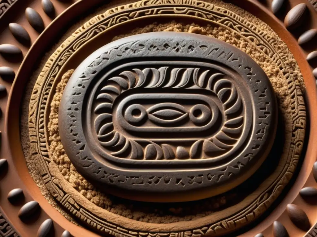 Detalles de la piedra de moler cacao azteca, mostrando sus intrincados grabados y texturas