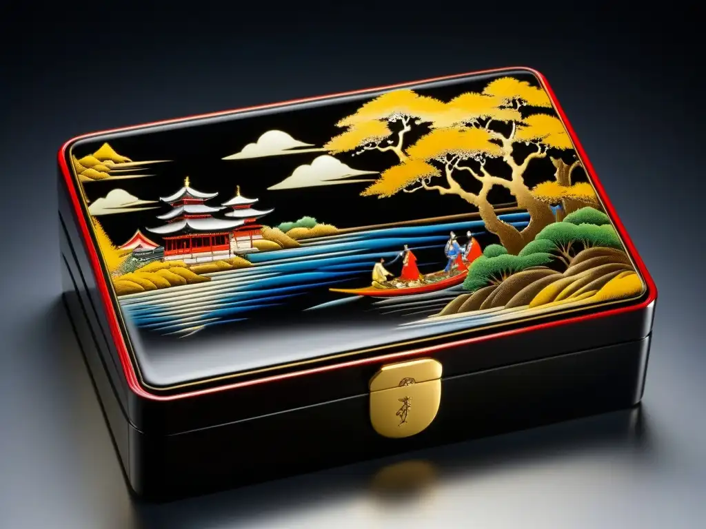 Detalles pintados a mano en una exquisita caja bento de laca japonesa, reflejando la influencia gastronomía Era Meiji