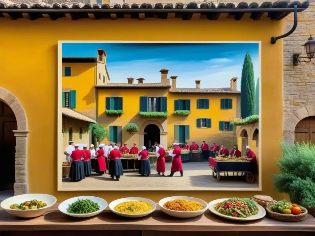 Detalles pintura centenaria en villa toscana: chefs preparan recetas históricas culturas épocas toscanas en mercado bullicioso