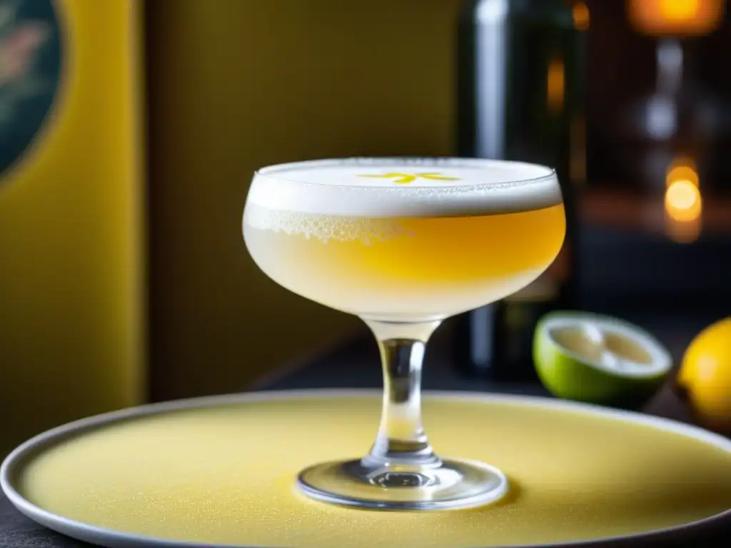 Detalles del Pisco Sour en Perú: Espuma blanca con bitters formando un patrón sobre el vibrante cóctel amarillo, junto a telar tradicional peruano