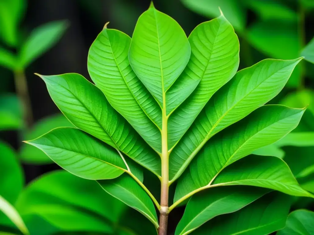 Detalles de la planta de tapioca en la Amazonía precolombina, resaltando sus patrones y texturas en verde vibrante