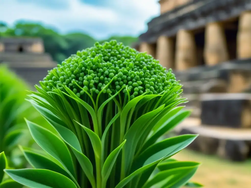 Detalles de planta de chía verde en ruinas mayas, símbolo de dieta maya siglo XXI