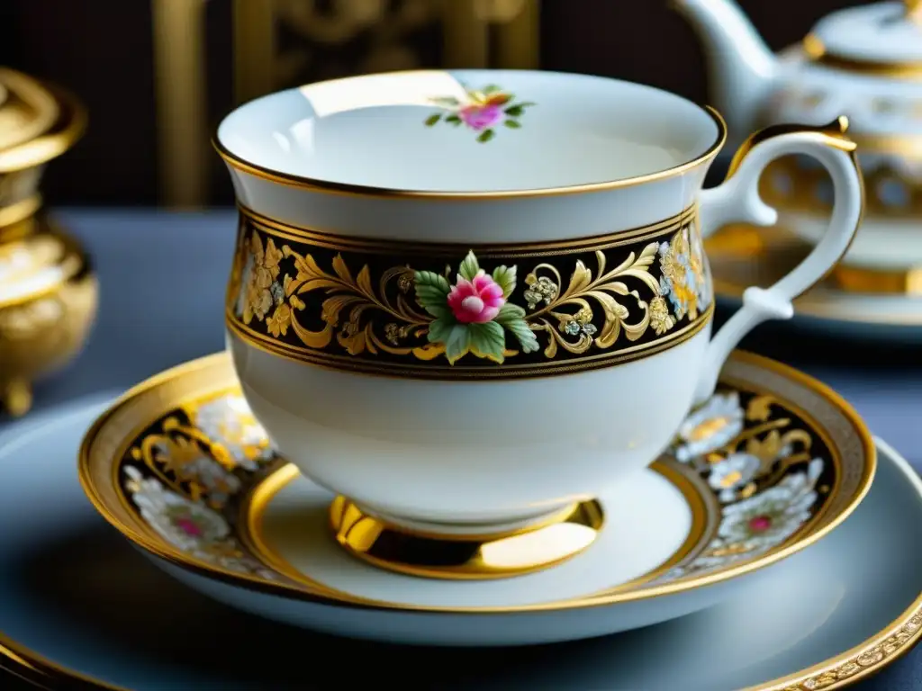 Detalles en porcelana corte zares Rusia Imperial: filigrana dorada y flores pintadas a mano, todo en un set de té