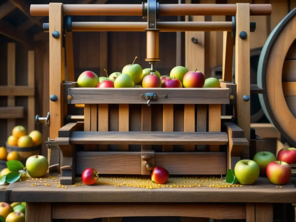 Detalles de prensa de sidra medieval en acción, con engranajes de madera y manzanas coloridas