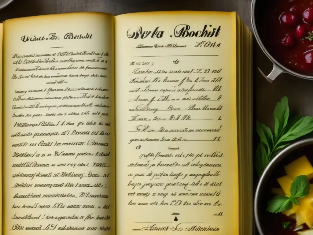 Detalles de receta de borscht en libro soviético vintage con notas manuscritas y manchas de remolacha