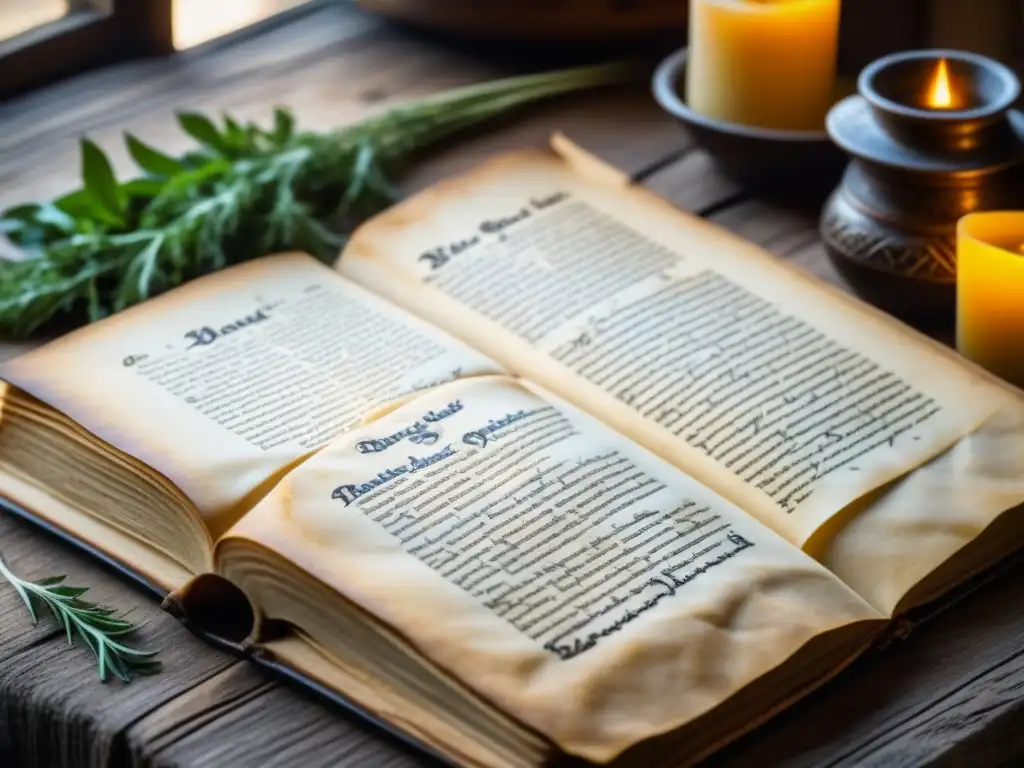 Detalles de una receta medieval en un antiguo libro de cocina sobre mesa de madera