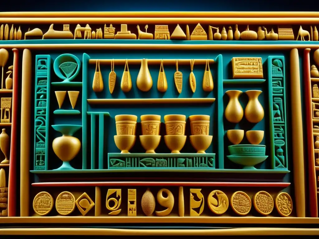 Detalles de recetas históricas Antiguo Egipto en una tableta de jeroglíficos finamente tallada