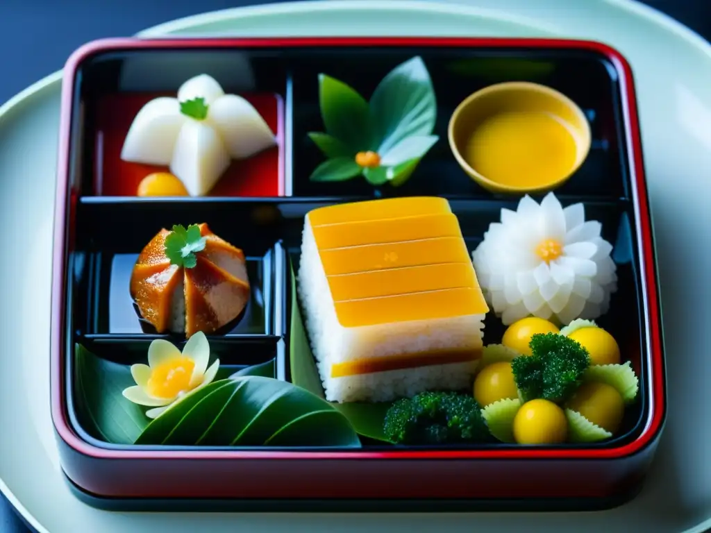 Detalles de recetas históricas corte imperial Edo en caja bento lacada con coloridos platillos japoneses