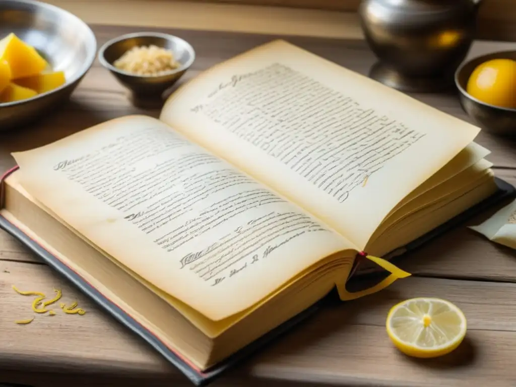 Detalles de recetas históricas de culturas y épocas en un antiguo libro de cocina abierto en una mesa de madera, iluminado por luz natural