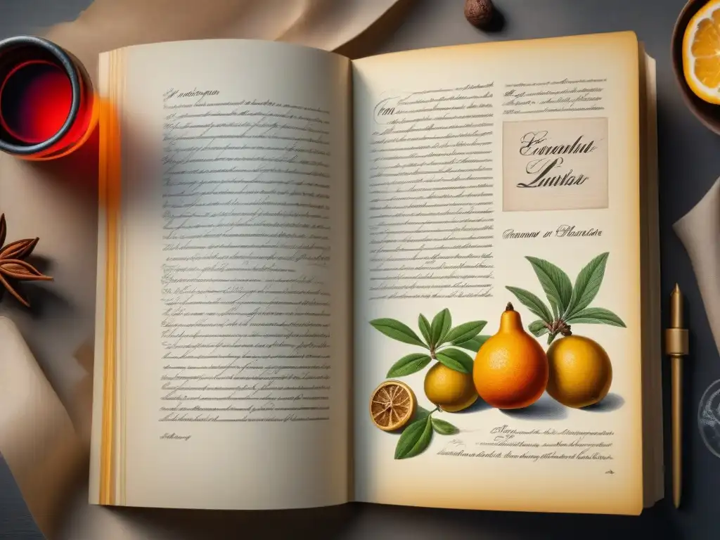 Detalles de recetas licores antiguos reinvención en libro vintage con notas manuscritas y dibujos