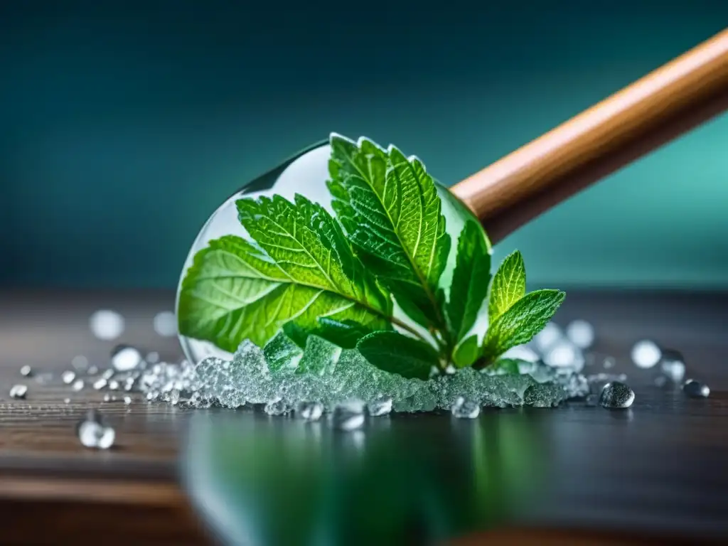 Detalles refrescantes: hoja de menta verde aplastada en vaso con hielo, creando un mojito
