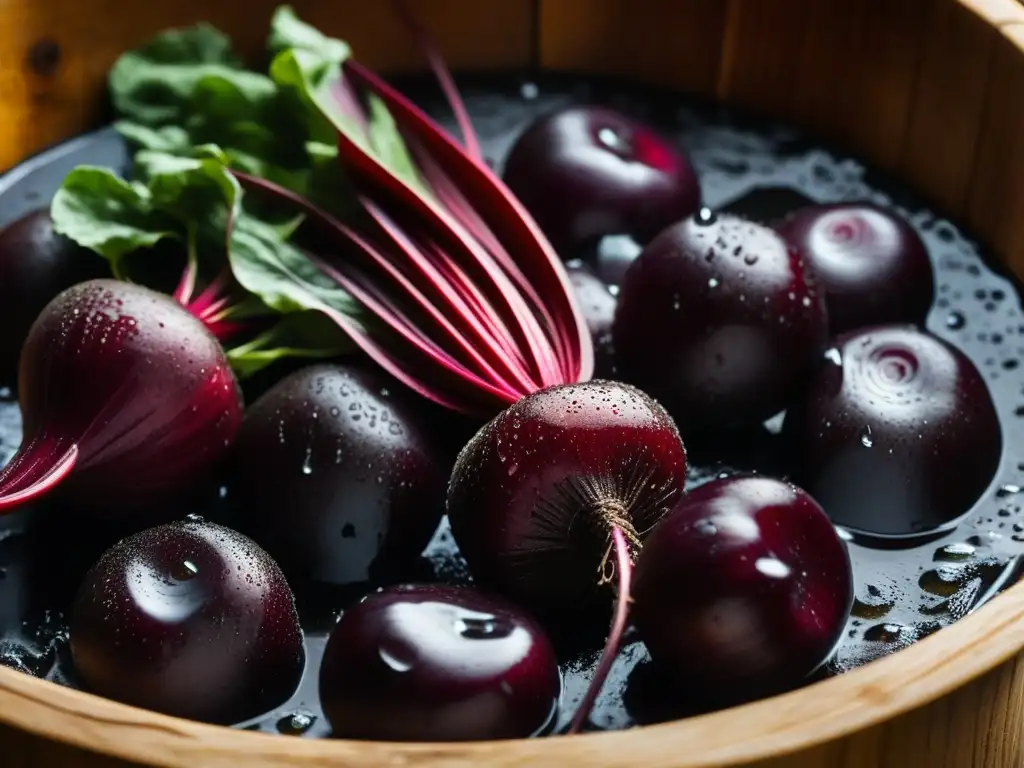 Betabeles rojos vibrantes en lavamanos de madera: borsch auténtico Detalles de remolachas rojas lavadas en fregadero de madera rústica, evocando origen e historia del borsch