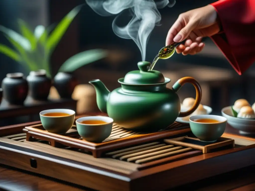 Detalles del ritual chino del té en mesa de madera: hojas, vapor y tazas