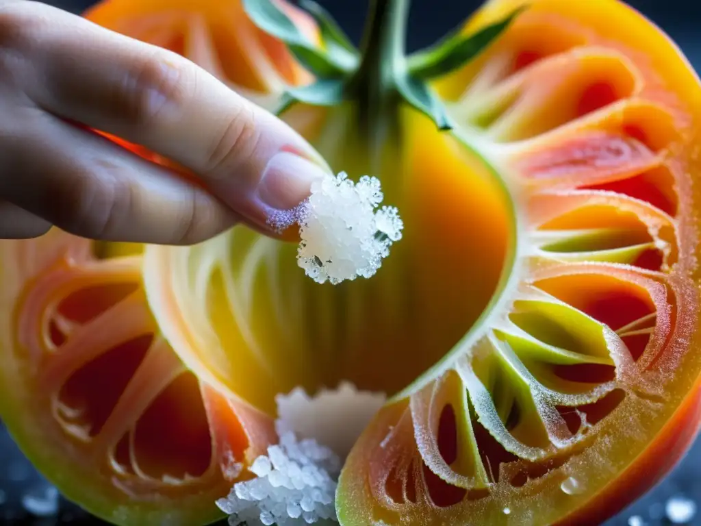 Detalles de sazón: mano esparciendo sal sobre tomate heirloom