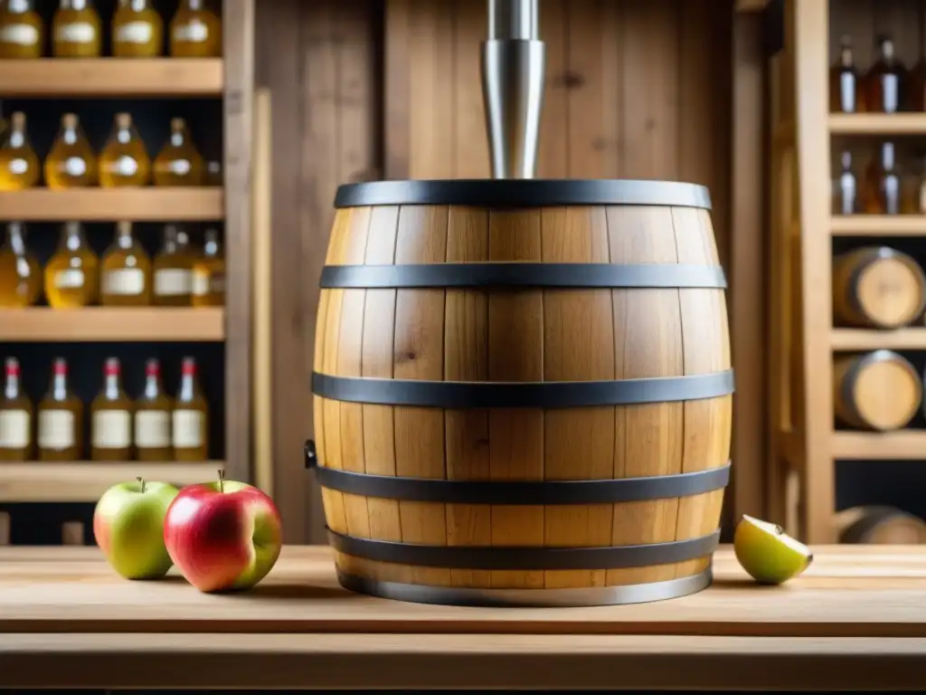 Proceso artesanal de elaboración de sidra en barrica de madera Detalles de la sidra escandinava historia: barril de madera con manzanas prensadas convirtiéndose en oro líquido en casa tradicional