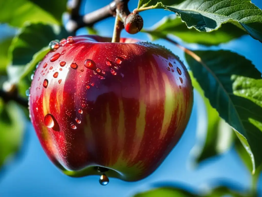 Detalles asombrosos de una manzana roja y madura en la naturaleza Detalles sublimes de una manzana roja colgando de una rama, resaltando su belleza natural