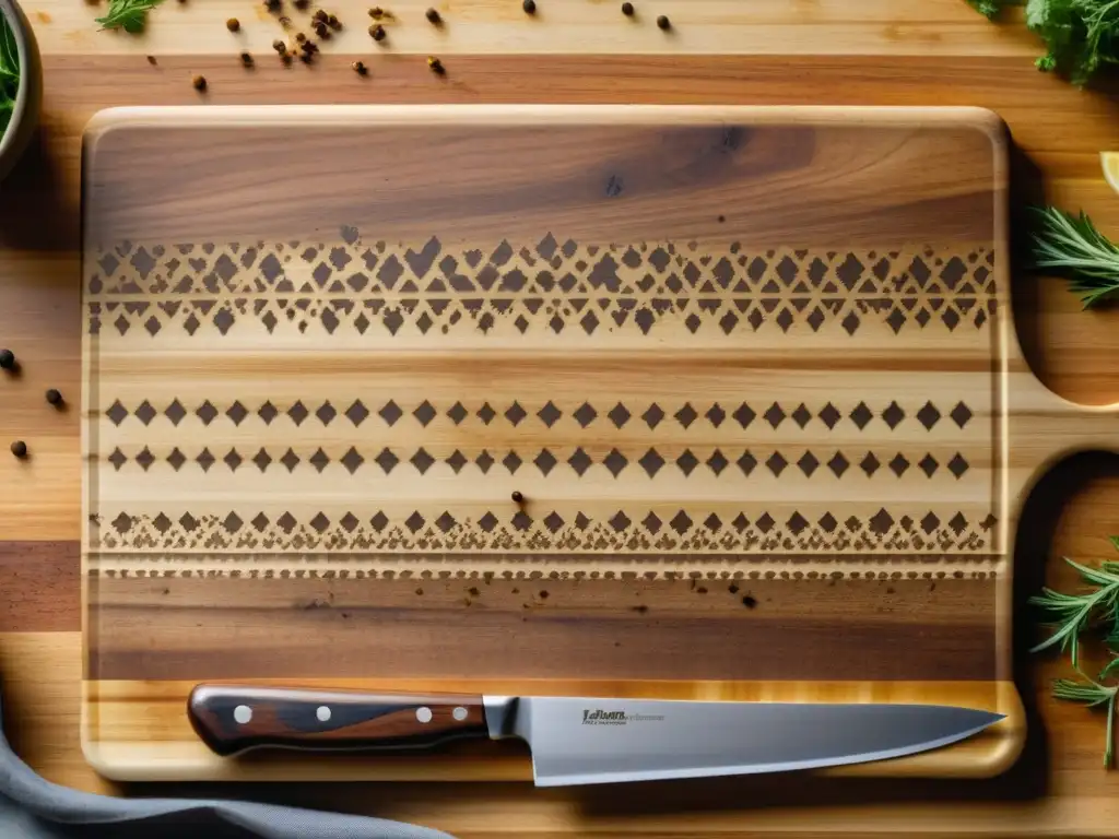 Tabla de cortar envejecida: belleza WabiSabi en la cocina Detalles de una tabla de cortar de madera envejecida en la cocina, mostrando la estética WabiSabi en la imperfección de los años