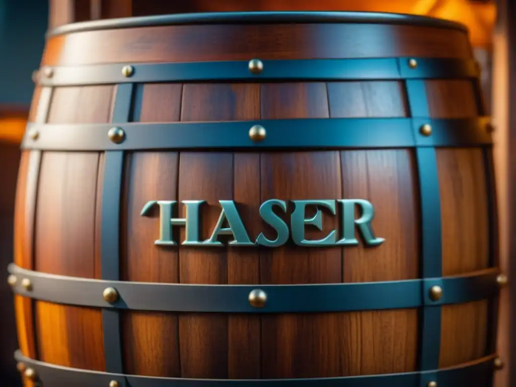Barrel antiguo de expediciones cerveceras: historia grabada Detalles tallados en barril antiguo de cervezas artesanales, iluminado cálidamente, evocando expediciones históricas