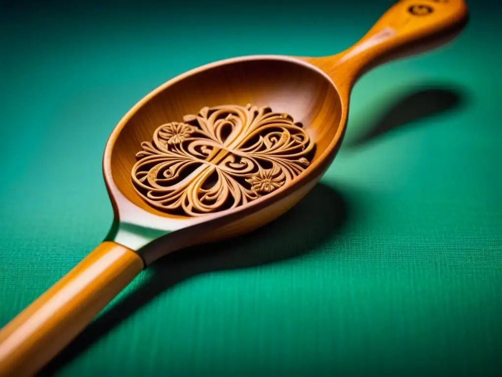 Detalles tallados en una cuchara de madera antigua, reflejo de historia culinaria en gadgets de cocina