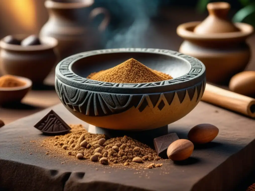 Detalles tallados en un metate azteca para moler cacao, con polvo de cacao esparcido