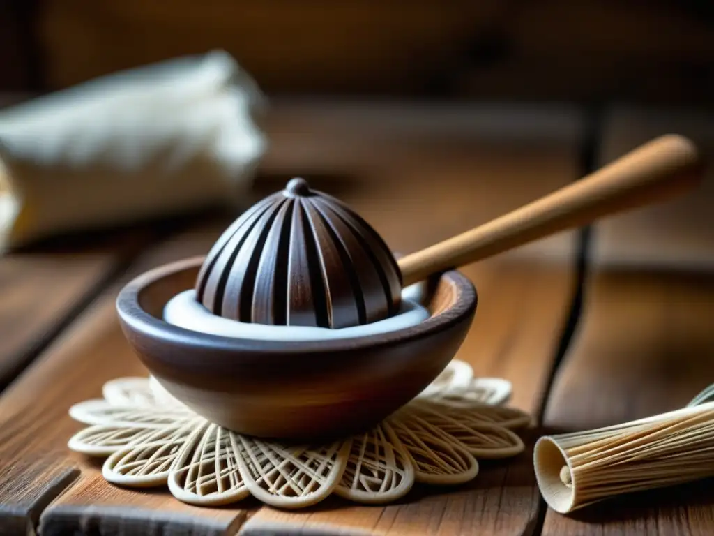 Detalles tallados en un molinillo mexicano para chocolate, en mesa de madera envejecida