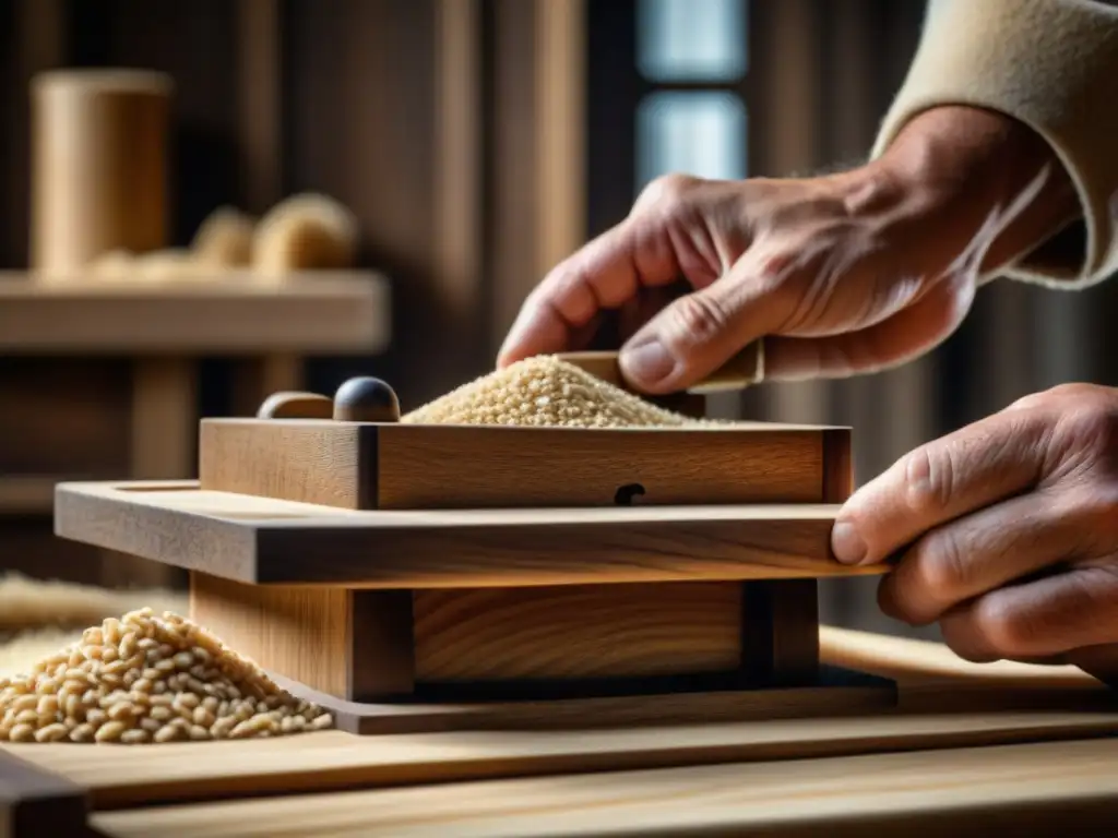 Detalles tallados en molino de grano de madera, manos de molinero operando