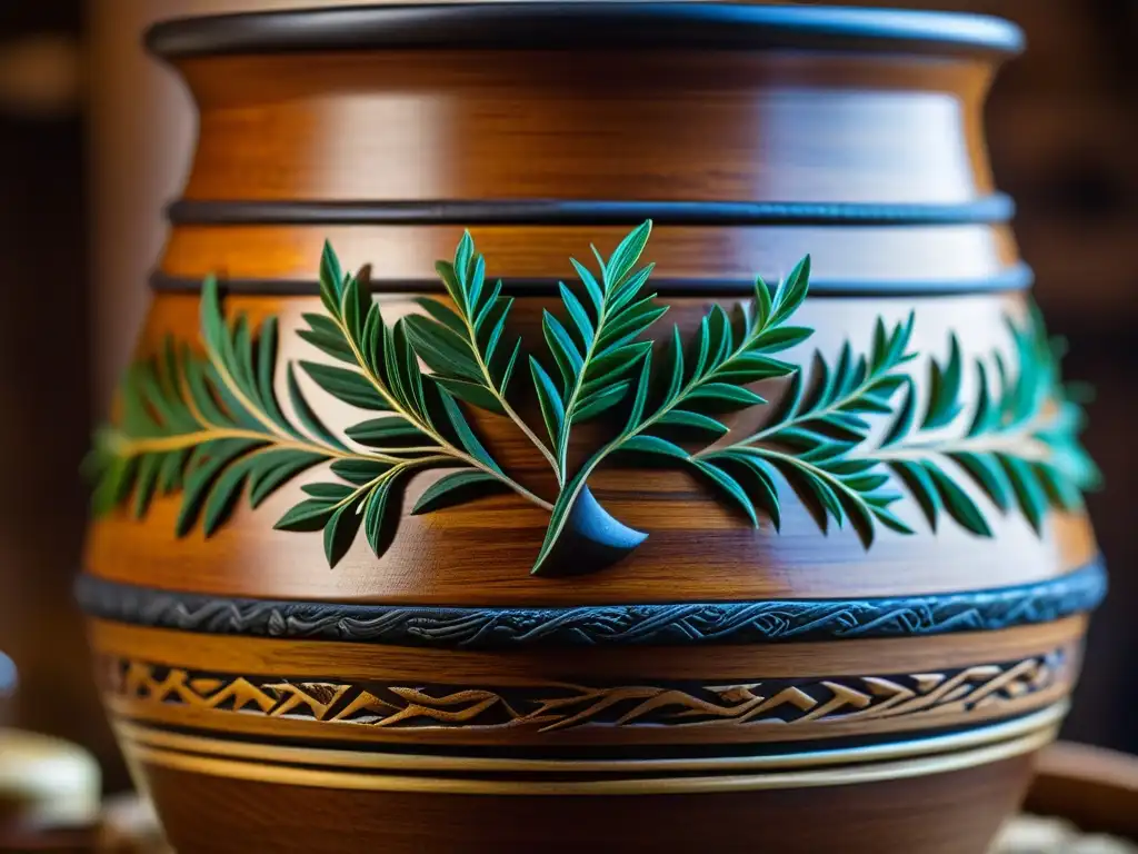Detalles tallados en kuurna, recipiente tradicional de sahti finlandesa, rodeado de ingredientes y símbolos culturales