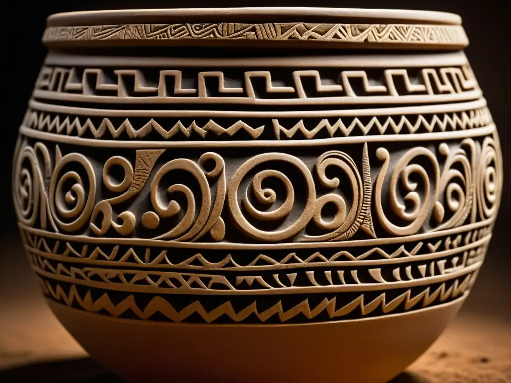 Detalles tallados en vasija prehispánica para fermentar bebidas, historia y arte