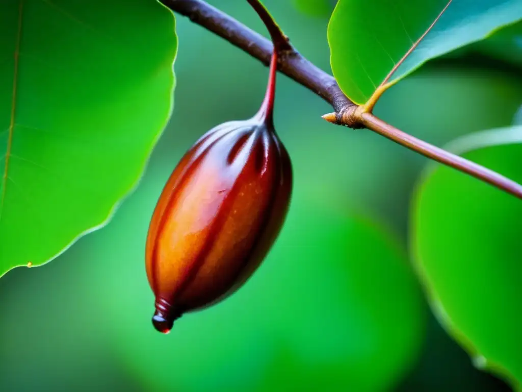 Detalles del tamarindo maduro colgando de un árbol, con su cáscara marrón y texturizada, rodeado de hojas verdes vibrantes