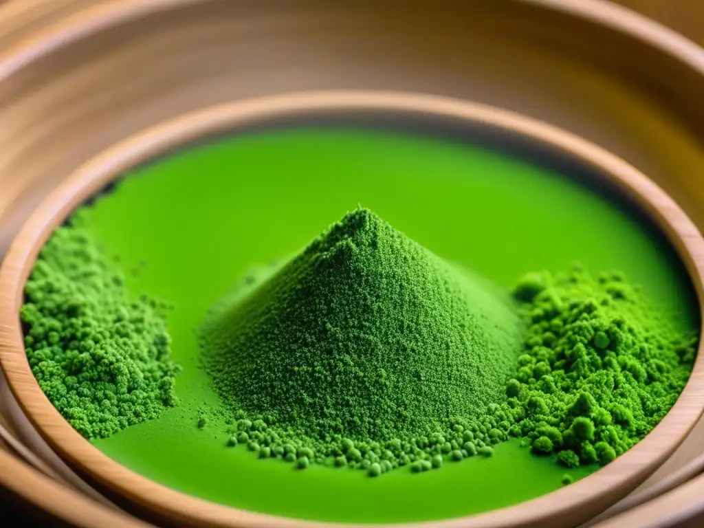 Detalles del tamizado de polvo verde vibrante de té matcha, resaltando la meticulosa preparación