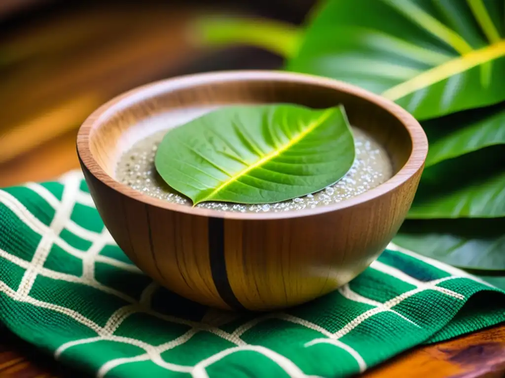 Detalles del tazón de kava de madera con la bebida fangosa y hojas verdes, rodeado de tela tapa fiyiana