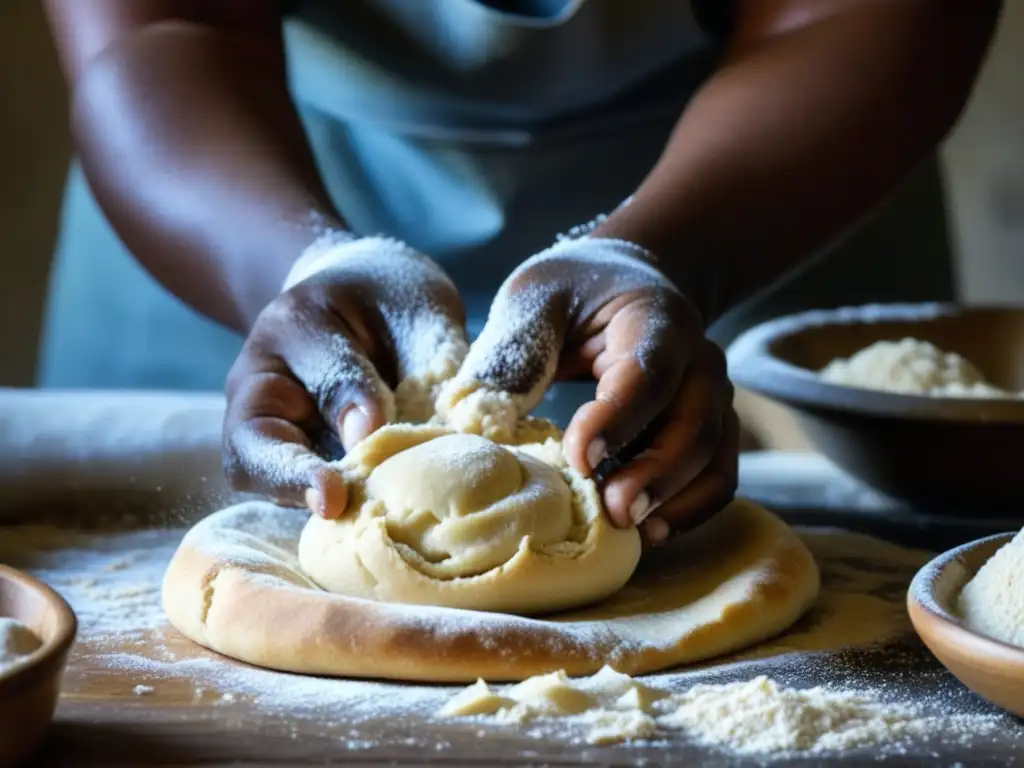 Detalles y texturas al amasar masa, evocando recetas históricas en la unión cultural sudafricana durante el apartheid