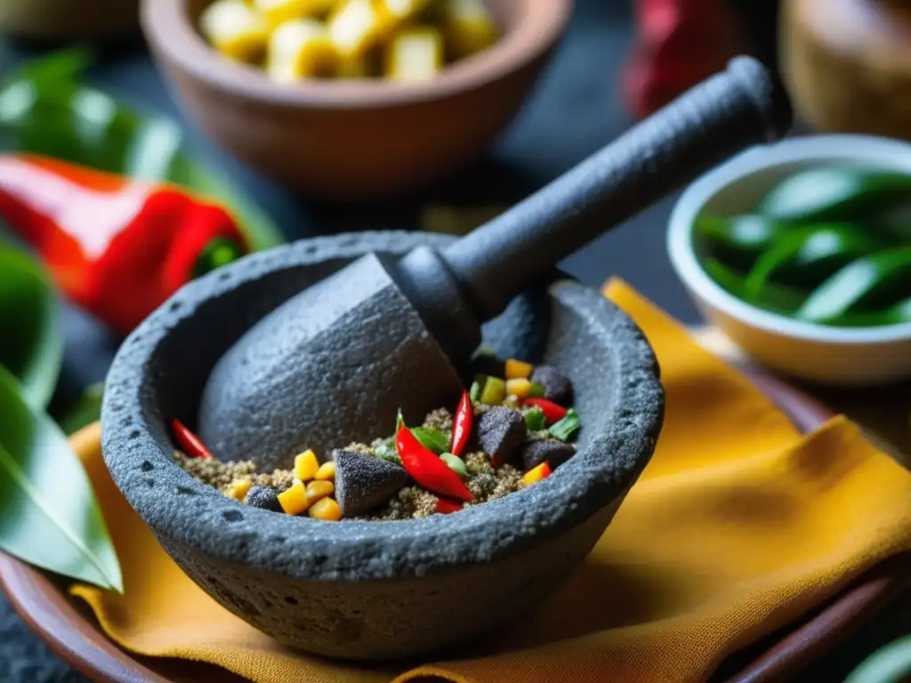 Detalles texturizados de un molcajete y tejolote en una cocina colonial llena de ingredientes: platos mestizos en la era colonial