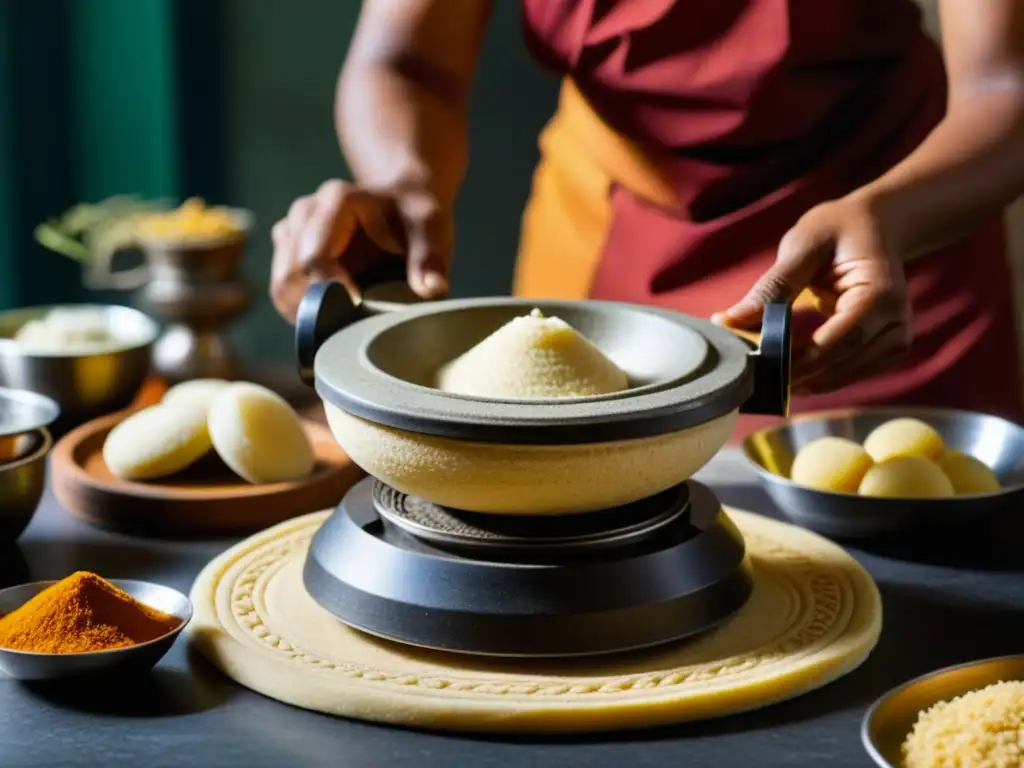 Detalles texturizados de molino de piedra en cocina sur India, moliendo masa para idli y dosa