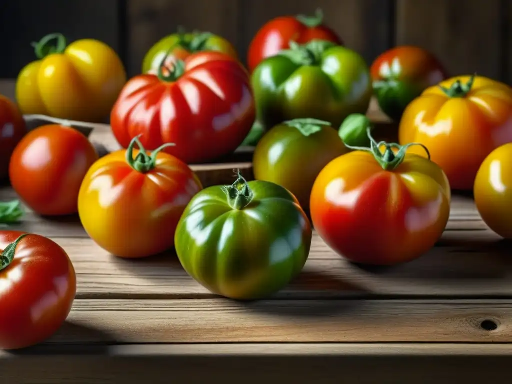 Detalles de tomates ancestrales en mesa rústica, resaltando su historia en culturas con productos orgánicos