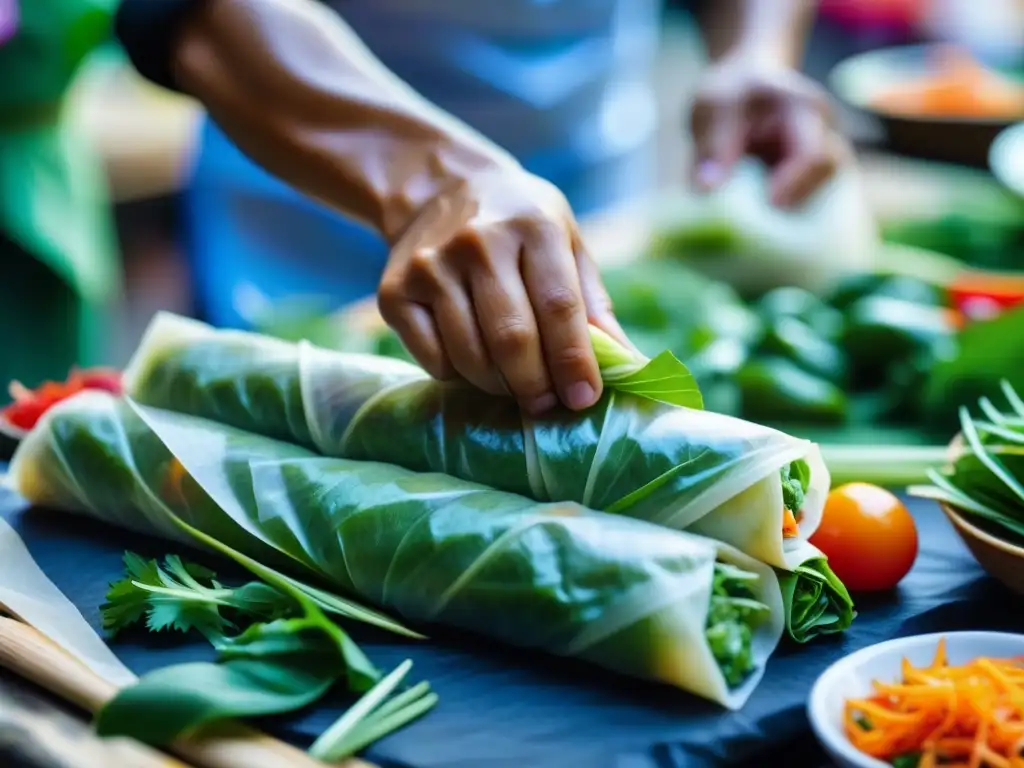 Detalles de la tradición vietnamita con la historia de los Rollos Primavera en un mercado bullicioso